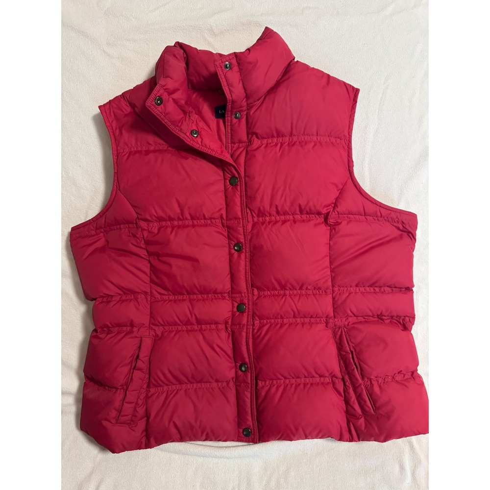 Lands End Womens XL Red Down Puffer Vest Quilted Snap Front Stand Collar Warm